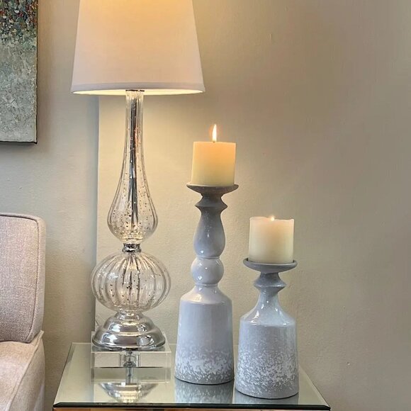 Set of 2 Acid Wash Ceramic Candle Holders